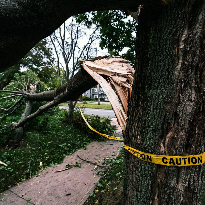 felled tree and caution tape